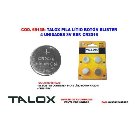 TALOX PILA LITIO BOTON BLISTER 4 UNDS 3V CR2016