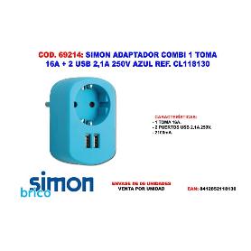 SIMON ADAPTADOR COMBI 1 TOMA 16A+2USB 2.1A 250V AZUL CL118130