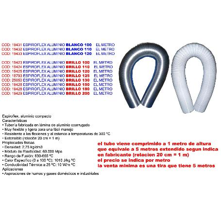 ESPIROFLEX TUBO FLEXIBLE ALU EXTRACCION HUMO BRILLO 125 Ø -METRO (CAJA 5 UNIDADES)