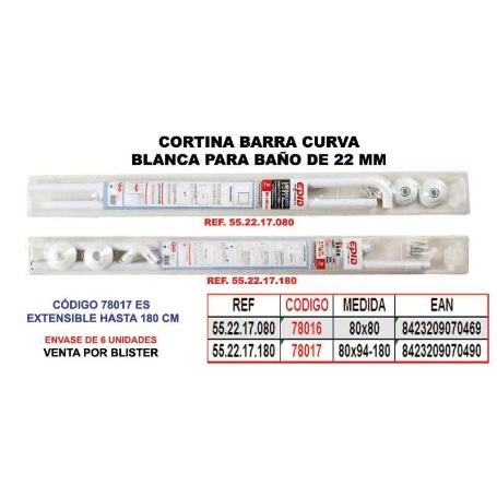 CORTINA BAÑO BARRA CURVA 22 MM BLANCA   80X  94 EXTENS.A 180 CM