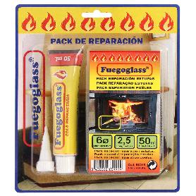 KIT REPARACION ESTUFAS/CHIMENEAS, COLA REFRACTARIA Y CORDON FIBRA VIDRIO 6 MM. X 2,5 M.