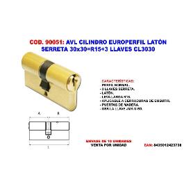 AVL CILINDRO EUROPERFIL LATON SERRETA 30X30 R15+3 LLAVES CL3030