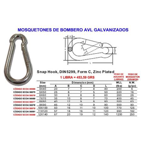 MOSQUETONES BOMBERO AVL DE 11X120 GALVANIZADO