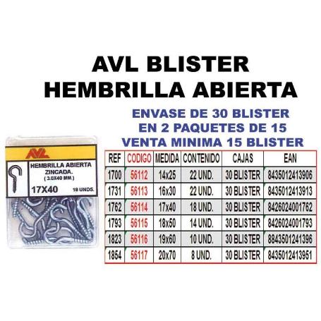 AVL BLISTER HEMBRILLA-CANCAMO ABIERTA 16X30 ZINCADA  1731 (CAJA 15 UNIDADES)