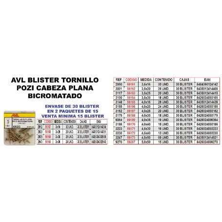 AVL BLISTER TORNILLO POZI C-PLANA 4,5X30 BICROMATADO 3223 (CAJA 15 UNIDADES)