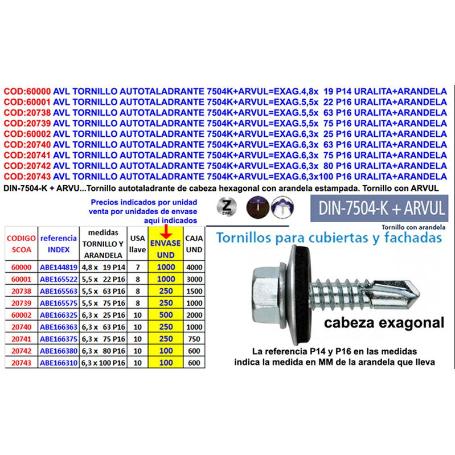 AVL TORNILLO AUTOTALADRANTE 7504K+ARVUL EXAG.5.5X25 P16 AB165525 (CAJA 1000 UNIDADES)