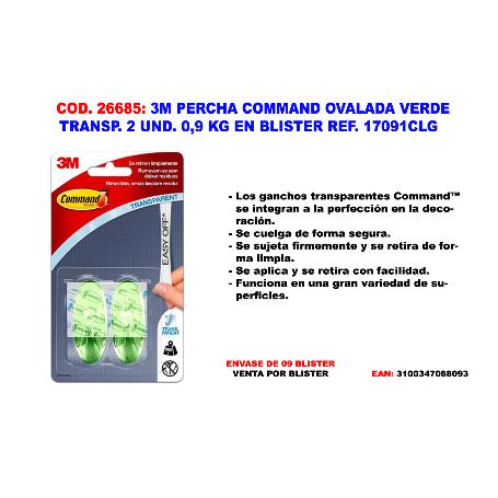 3M PERCHA COMMAND OVA  VERDE TRANSP. 2 UND. 0,9 KG 17091CLG