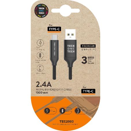 TECH CABLE MOVIL CARGA RAPIDA NYLON 1M NEGRO USB-A A USB-C 2003