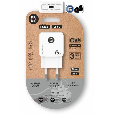 TECH CARGADOR ULTRARAPIDO GAN20W USB-C SIN CABLE BLANCO TEC2220