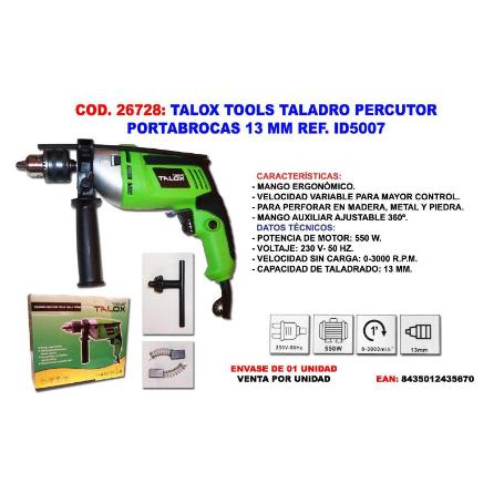 TALOX TOOLS TALADRO PERCUTOR 550 W PORTABROCAS 13 MM ID5007