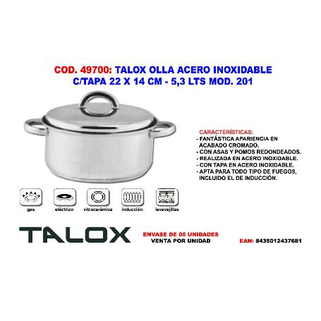 TALOX OLLA ACERO INOX 18-8 C-TAPA 22 X 14 CM - 5,3 LTS MOD. 201