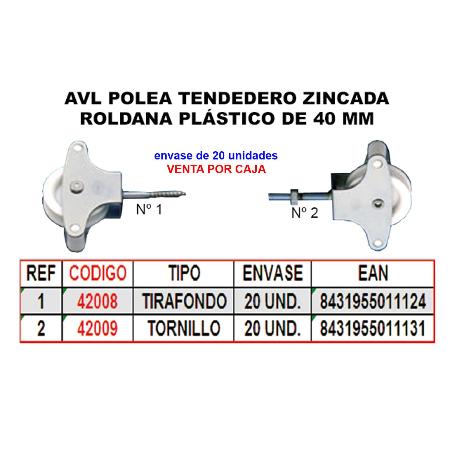 AVL POLEA TENDEDERO 1 ZINC 40MM ROLDANA PLASTICO+TIRAFONDO HR05N (CAJA 25 UNIDADES)