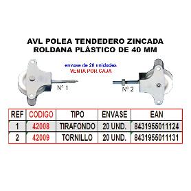 AVL POLEA TENDEDERO 2 ZINC 40MM ROLDANA PLASTICO+TORNILLO HR03N (CAJA 25 UNIDADES)