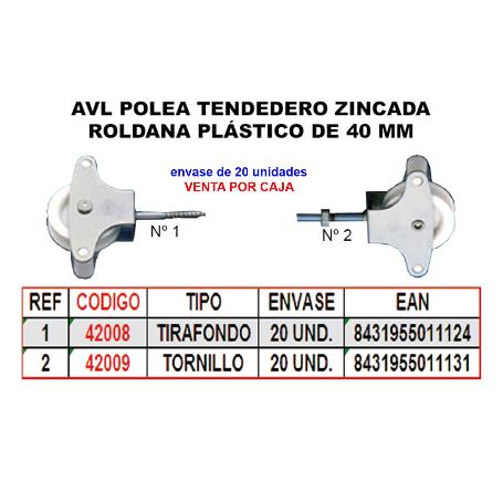 AVL POLEA TENDEDERO 2 ZINC 40MM ROLDANA PLASTICO+TORNILLO HR03N (CAJA 25 UNIDADES)