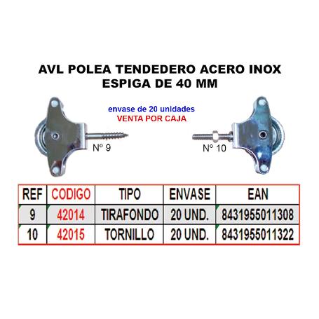 AVL POLEA TENDEDERO 10 INOX 40MM ROLDANA PLAST+TORNILLO HR08GN (CAJA 25 UNIDADES)