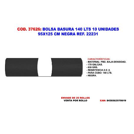 BOLSA BASURA 140 L 10 UND 95 X125 CM NEGRA REF.22231