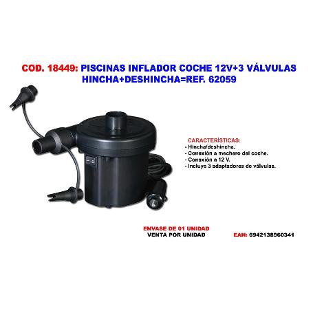 PISCINAS INFLADOR COCHE 12V.+3 VAL.HINCHA+DESHINCHA 62097-62142
