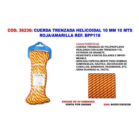 CUERDA TRENZADA HELICOIDAL 10 MM 10 MTS ROJA-AMARILLA BPP118 (CAJA 4 UNIDADES)