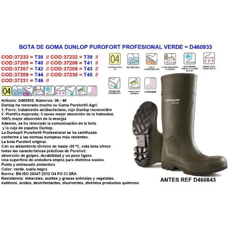 DUNLOP BOTA AGUA GOMA  PROFESIONA -20ºC PUROFORT Nº46 460843-933