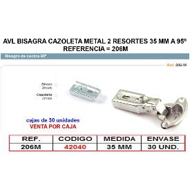 AVL BISAGRA CAZOLETA METAL 2 RESORTES 35 MM A 95º  206M (CAJA 30 UNIDADES)