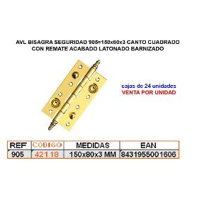 AVL BISAGRA 905 150X80X3 SEGURIDAD C-CUADRADO+REMATE LAT-BARNIZ