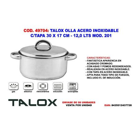TALOX OLLA ACERO INOX 18-8 C-TAPA 30 X 17 CM - 12,0 LTS MOD. 201
