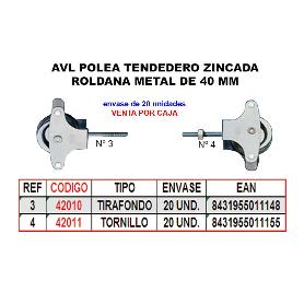 AVL POLEA TENDEDERO 3 ZINC 40MM ROLDANA METAL+TIRAFONDO HR05S (CAJA 25 UNIDADES)