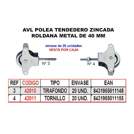 AVL POLEA TENDEDERO 3 ZINC 40MM ROLDANA METAL+TIRAFONDO HR05S (CAJA 25 UNIDADES)