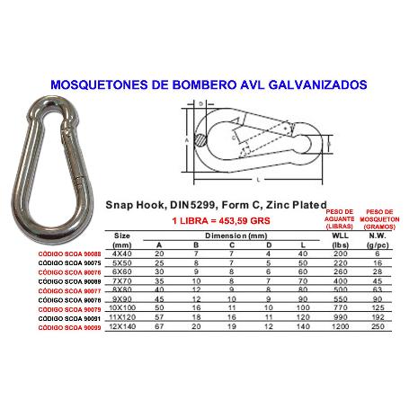 MOSQUETONES BOMBERO AVL DE   5X  50 GALVANIZADO (CAJA 25 UNIDADES)