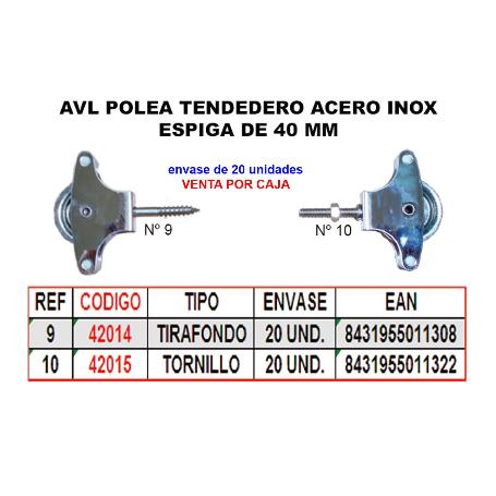 AVL POLEA TENDEDERO 9 INOX M 40MM ROLDANA METAL+TIRAFONDO HR09GS (CAJA 20 UNIDADES)