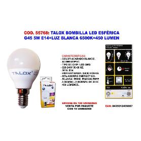 TALOX BOMBILLA LED ESFERICA G45 5W E14 L.BLANCA 6500K 450 LUMEN