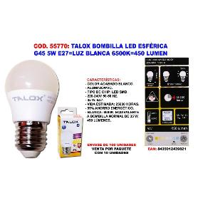 TALOX BOMBILLA LED ESFERICA G45 5W E27 L.BLANCA 6500K 450 LUMEN (CAJA 10 UNIDADES)