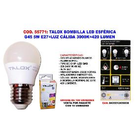 TALOX BOMBILLA LED ESFERICA G45 5W E27 L.CALIDA 3000K 420 LUMEN (CAJA 10 UNIDADES)