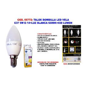 TALOX BOMBILLA LED VELA C37 5W E14 L.BLANCA 6500K 450 LUMEN (CAJA 10 UNIDADES)