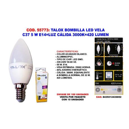TALOX BOMBILLA LED VELA C37 5W E14 L.CALIDA 3000K 420 LUMEN (CAJA 10 UNIDADES)