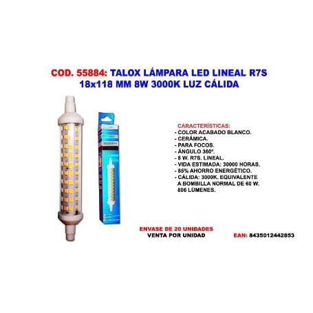 TALOX LAMPARA LED R7S 18 X 118 MM LINEAL R7S 8W 3000K LUZ CALIDA