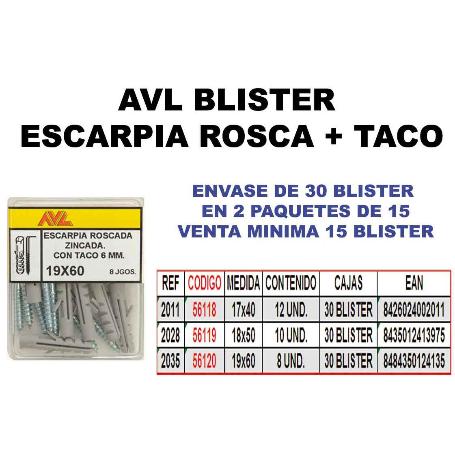 AVL BLISTER ESCARPIA ROSCA ZINCADA + TACO 18X50 2028