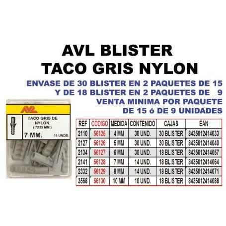 AVL BLISTER TACO GRIS NYLON 10 MM     3568 (CAJA 9 UNIDADES)