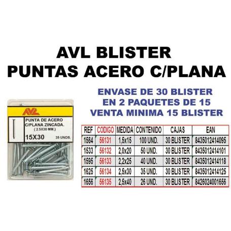 AVL BLISTER PUNTA ACERO 2,2X20 CABEZA PLANA ZINCADA  1533 (CAJA 15 UNIDADES)