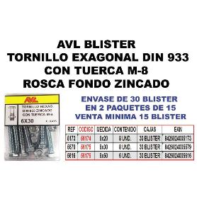 BLISTER TORNILLO ROSCA METAL CABEZA HEXAGONAL DIN 933 CON TUERCA CINCADO LARGO 50NM METRICA M-6
