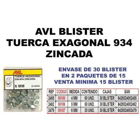 BLISTER TUERCA HEXAGONAL DIN 934 CINCADO METRICA M-4
