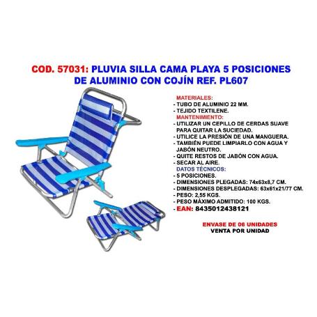 PLUVIA SILLA CAMA PLAYA 5 POSICION ALU 22MM C-COJIN XYC-101PL607
