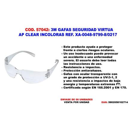 3M GAFAS SEGURIDAD VIRTUA AP CLEAR INCOLORAS XA-0048-9799-8-0217