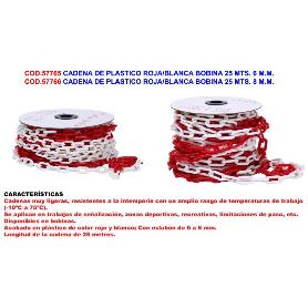 CADENA DE PLASTICO ROJA-BLANCA BOBINA 25 MTS. 6 M.M.